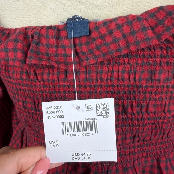 New American Eagle Long-Sleeve Smocked Ruffle Plaid Top Red Gingham Women Small - Picture 7 of 10